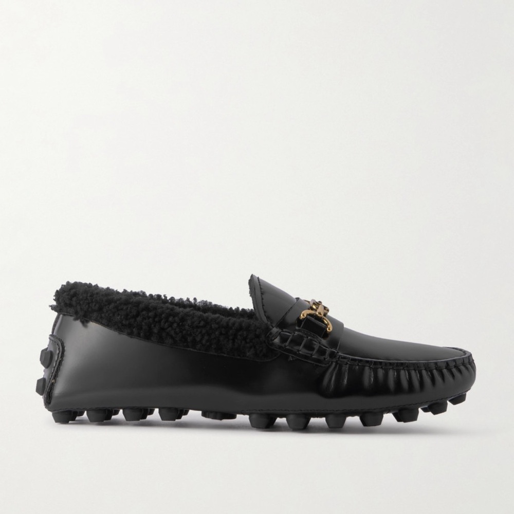 NWT TODS GOMMINO MACRO EMBELLISHED SHEARLING TRIMMED LEATHER LOAFERS - Picture 3 of 9